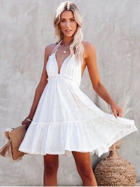 VICI White Eyelet Halter Mini Dress Large Boho Cottagecore Tiered Ruffle Summer